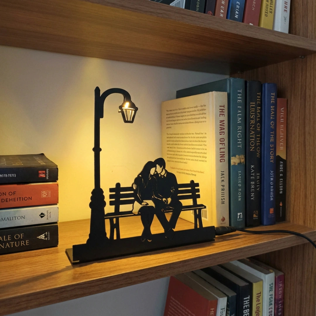 Streetlamp Lovers Light warm glow couple bench night lamp on wooden shelf