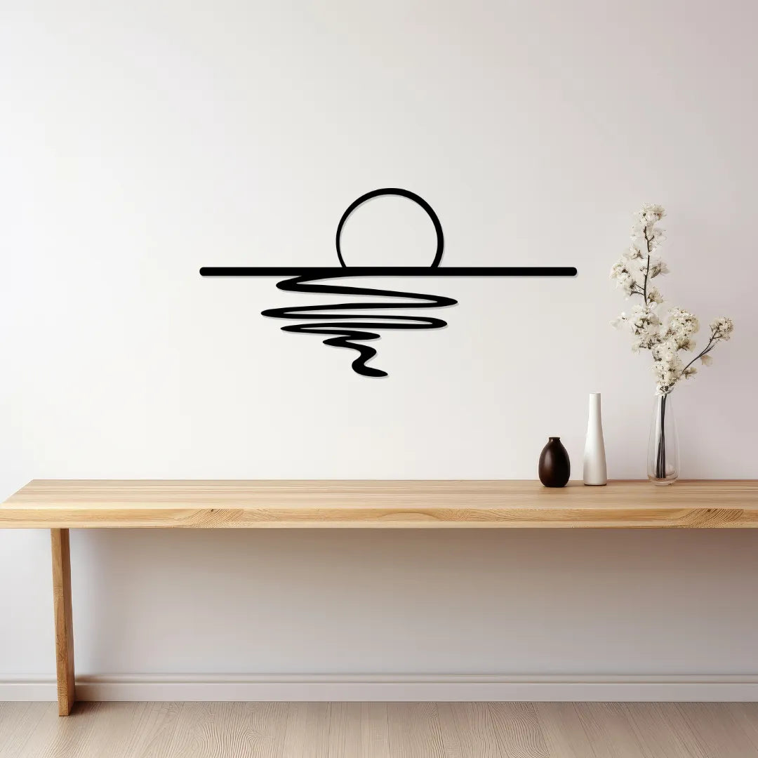 Sunset reflection metal wall art above console table