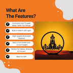Tirupati Balaji Table Lamp features infographic showing warm LED, durable material, 6-inch size, and gift use