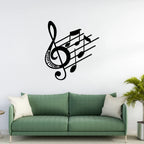 Treble clef and musical notes metal wall hanging black matte finish above sofa