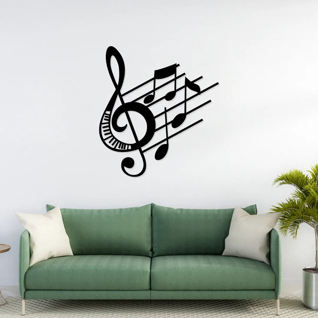 Treble clef and musical notes metal wall hanging black matte finish above sofa