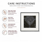 Tree of Life Surpur Line Art Painting  Infographic with icons for sunlight, dusting, moisture, and handling care tips