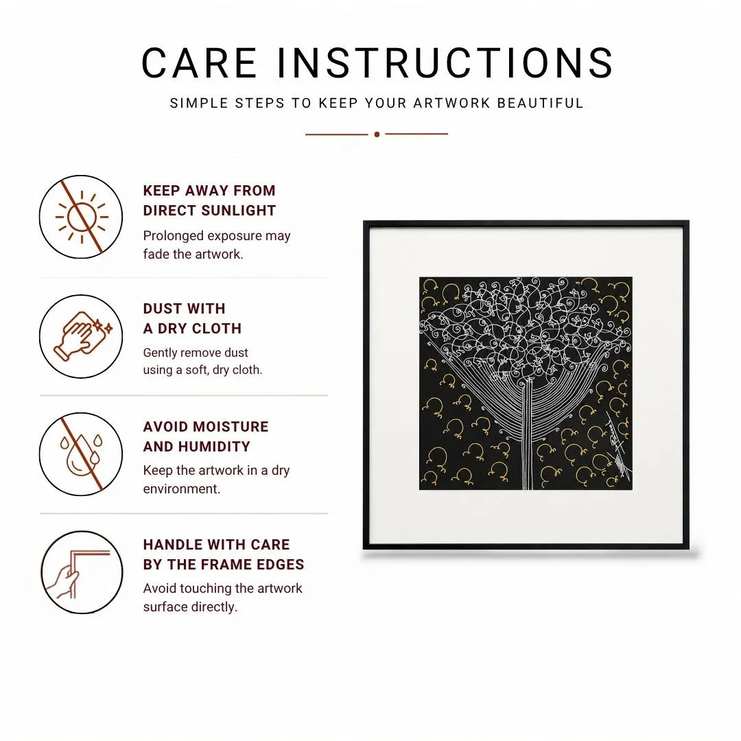Tree of Life Surpur Line Art Painting  Infographic with icons for sunlight, dusting, moisture, and handling care tips