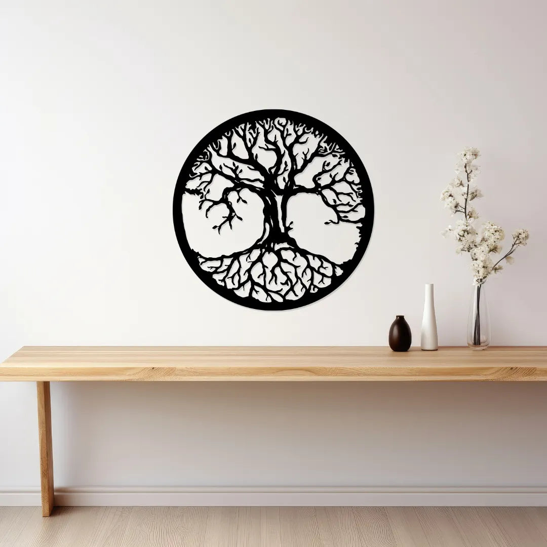 Tree of life round metal wall art above console table