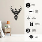 Tribal phoenix metal wall art highlighting precision cutting and powder coated durable finish