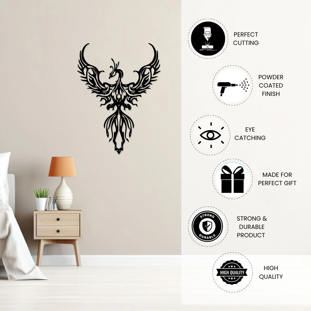 Tribal phoenix metal wall art highlighting precision cutting and powder coated durable finish