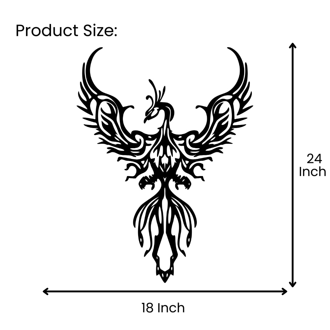 Tribal phoenix metal wall art size guide showing 18 inch width by 24 inch height