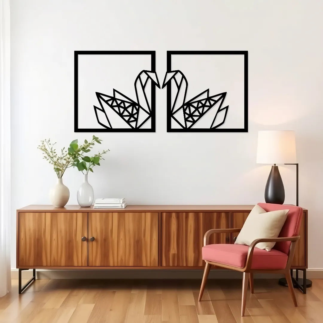 Two piece swan metal wall decor modern geometric design displayed above sideboard