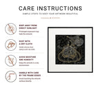 Untitled Surpur Line Art Painting  Infographic with icons for sunlight, dusting, moisture, and handling care tips
