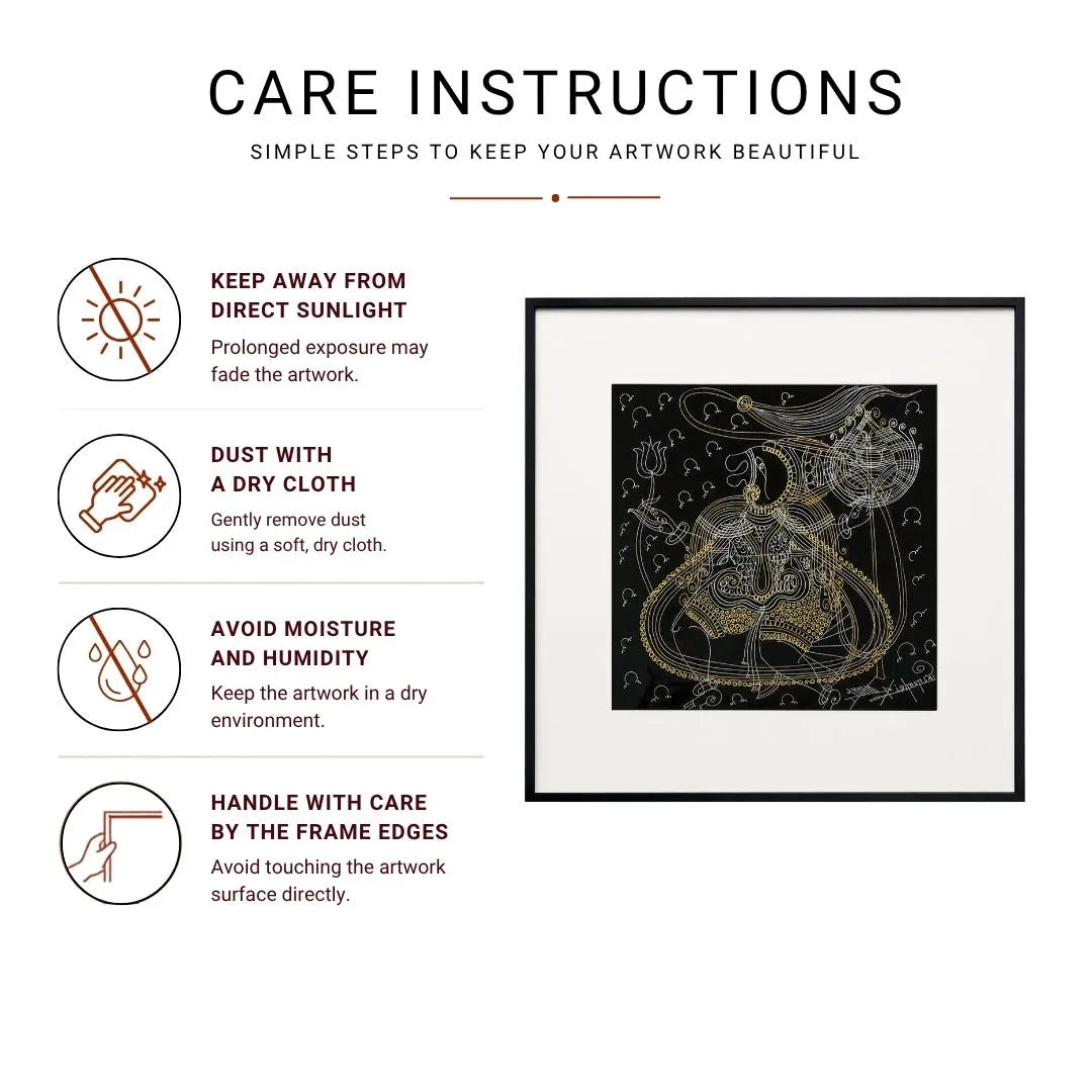 Untitled Surpur Line Art Painting  Infographic with icons for sunlight, dusting, moisture, and handling care tips
