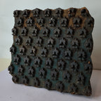 Vintage Hand-Carved Wooden Printing Block – Teal Trefoil Buti Grid