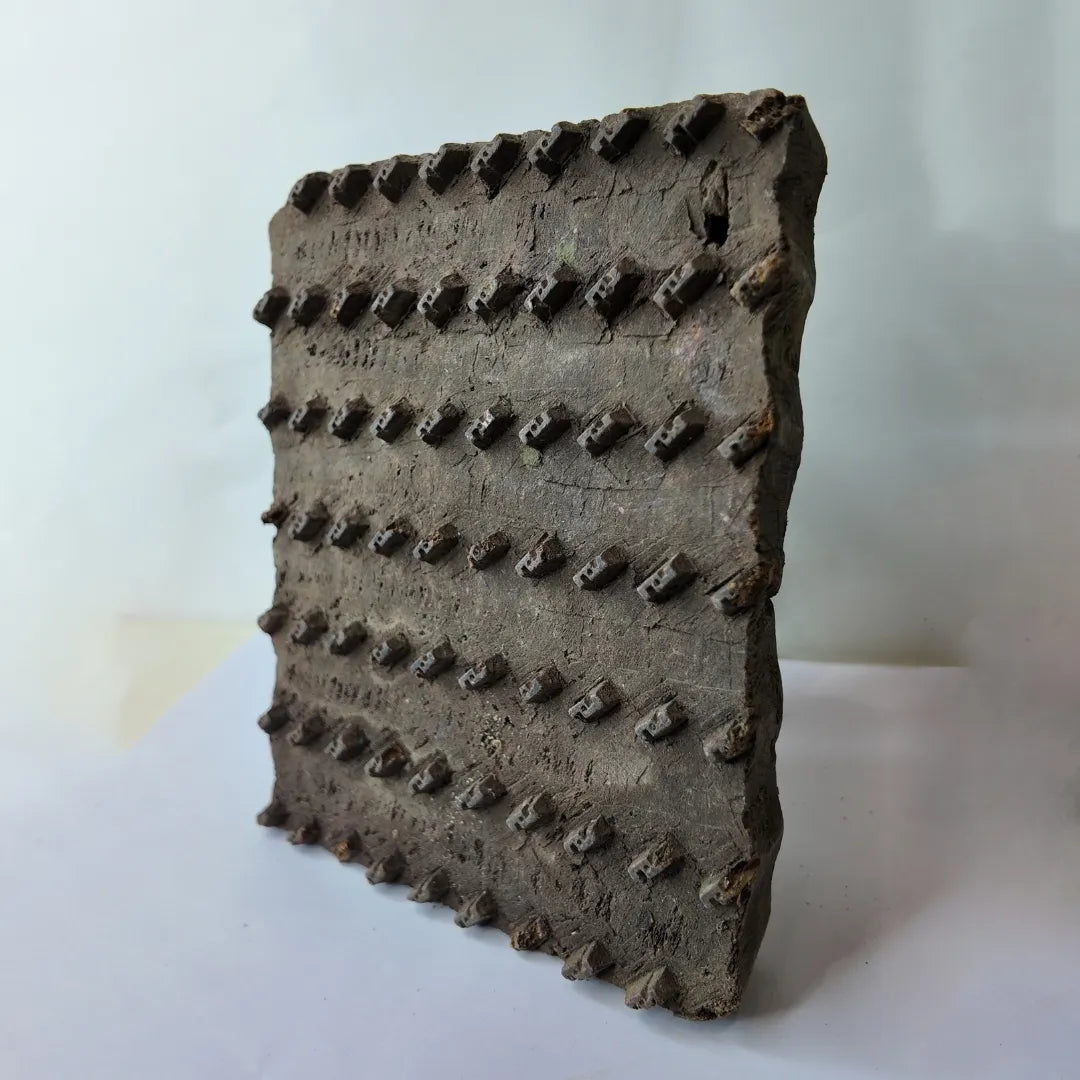 Vintage Hand-Carved Wooden Printing Block – Diagonal Brick Stud Pattern