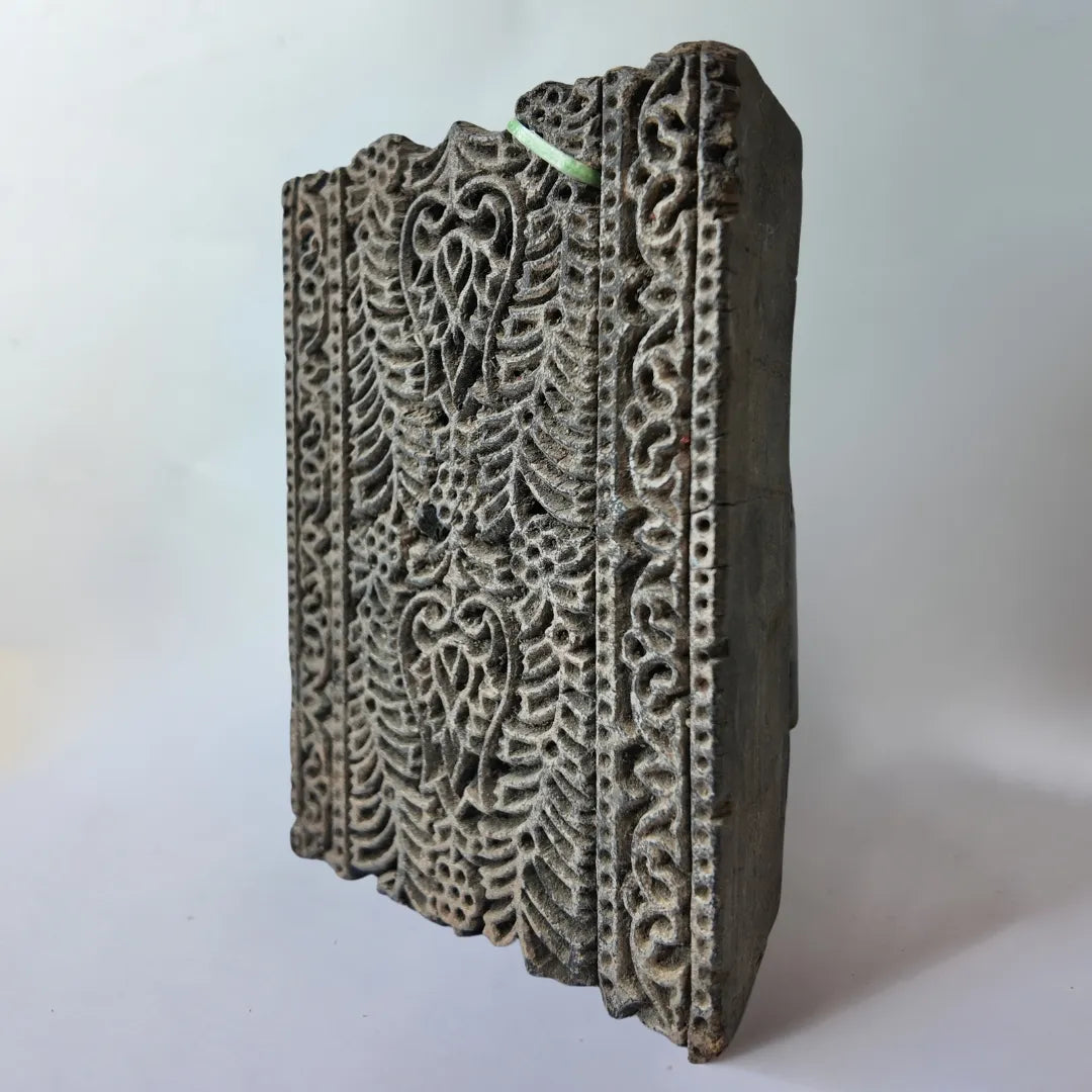 Vintage Hand-Carved Wooden Printing Block – Mirrored Floral Paisley & Scrolling Vine Border
