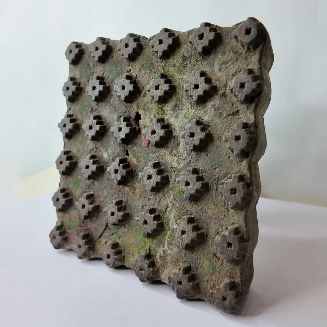 Vintage Hand-Carved Wooden Printing Block – Mossy Fleur Stud Grid