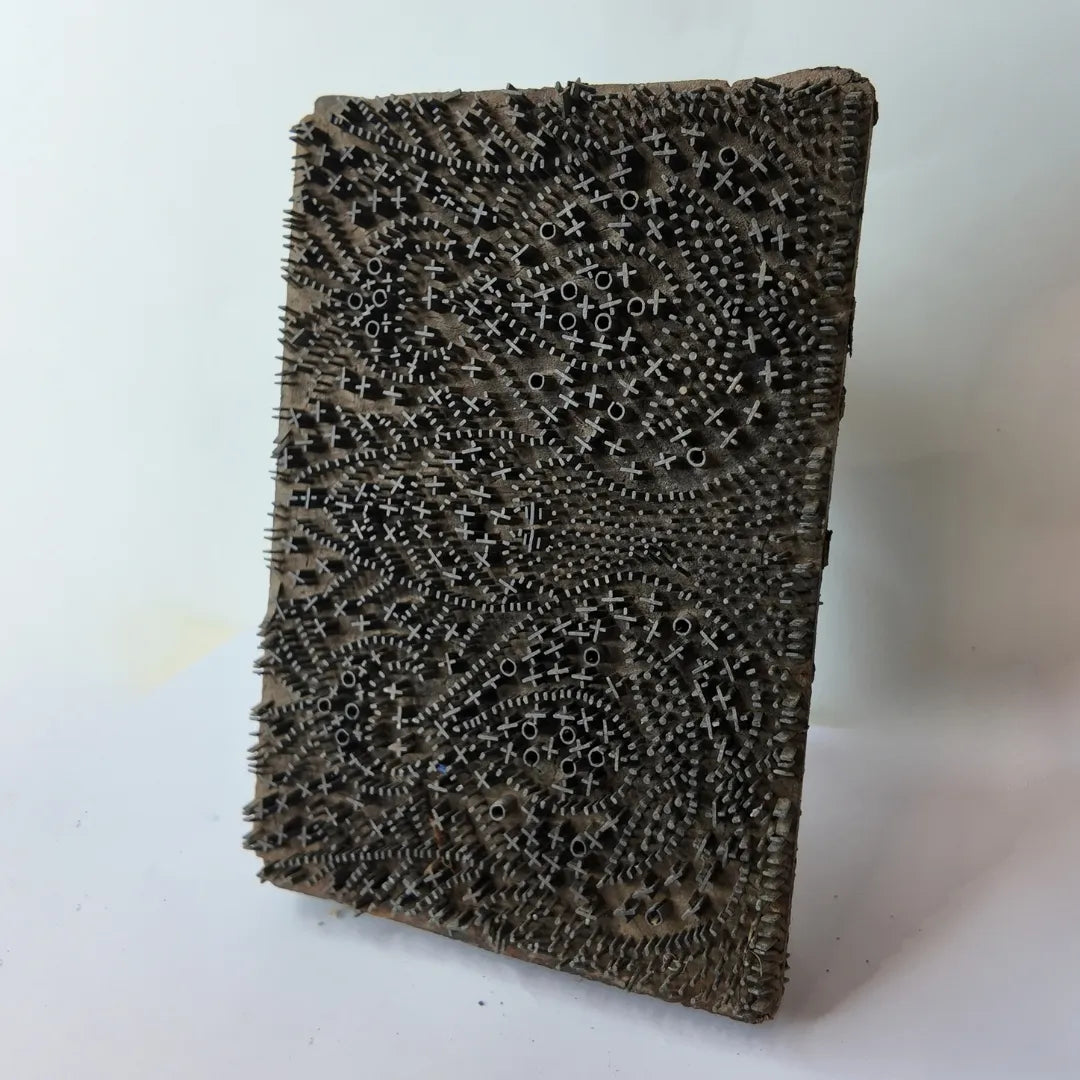 Vintage Indian Brass-Pin Wooden Printing Block – Dense Cross Stitch Texture