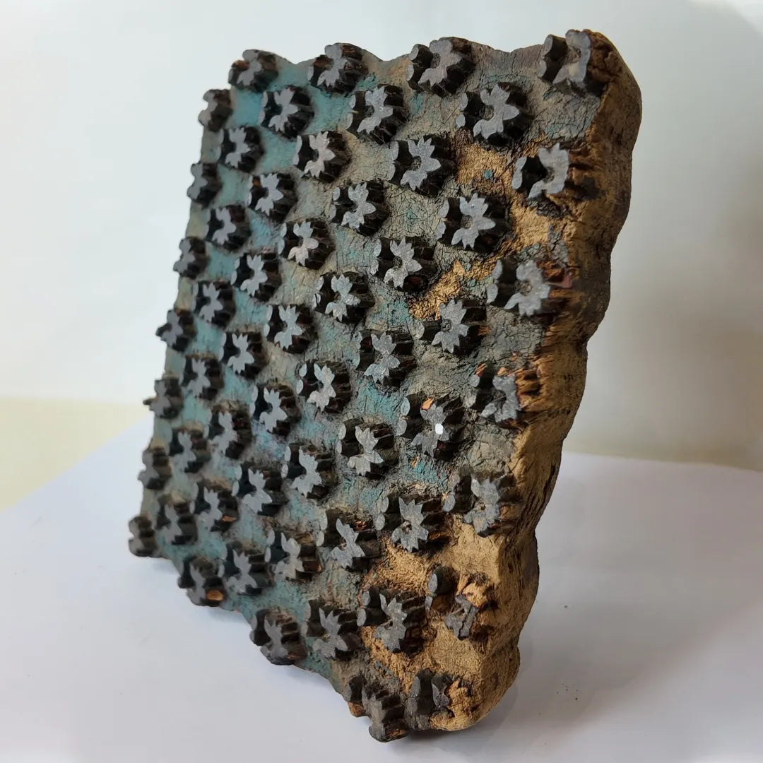 Vintage Hand-Carved Wooden Printing Block – Teal Star Bud Grid