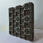 Vintage Hand-Carved Wooden Printing Block – Dot Rosette Lattice Grid