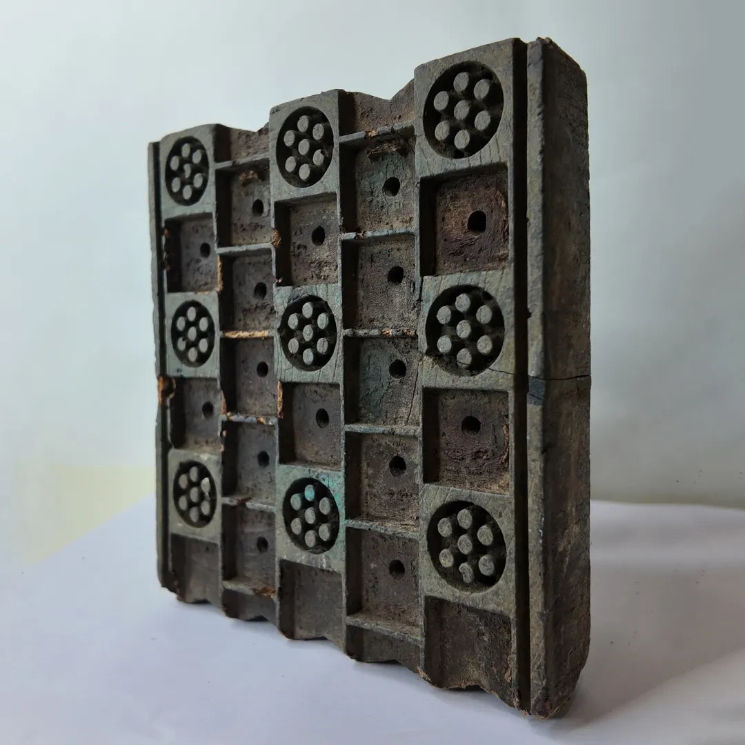Vintage Hand-Carved Wooden Printing Block – Dot Rosette Lattice Grid