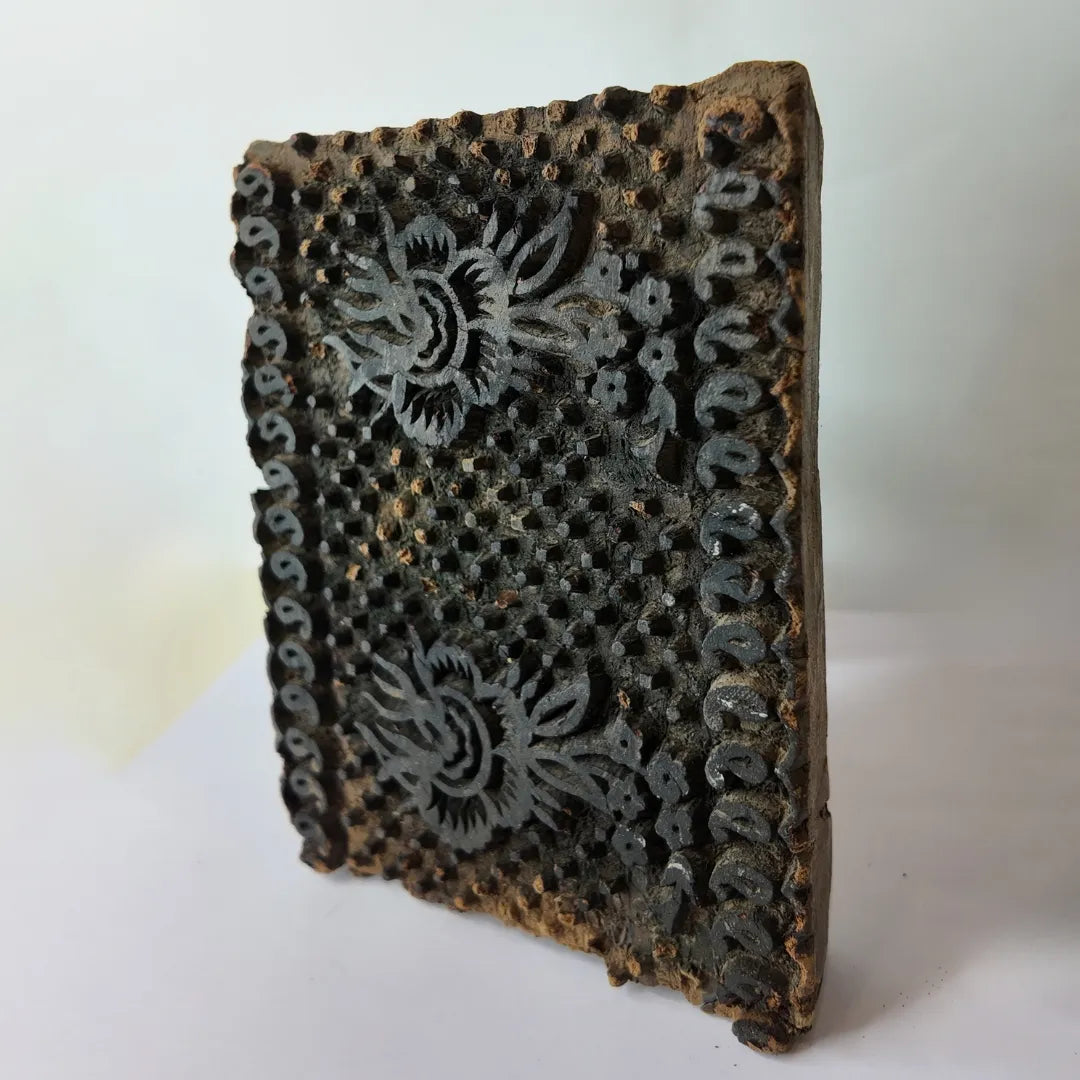 Vintage Hand-Carved Wooden Printing Block – Twin Rosette Checkerboard Panel