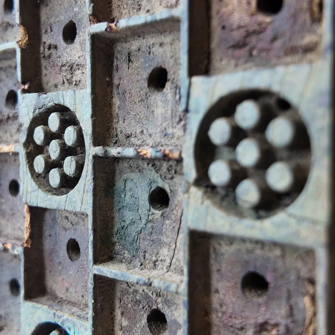 Vintage Hand-Carved Wooden Printing Block – Dot Rosette Lattice Grid