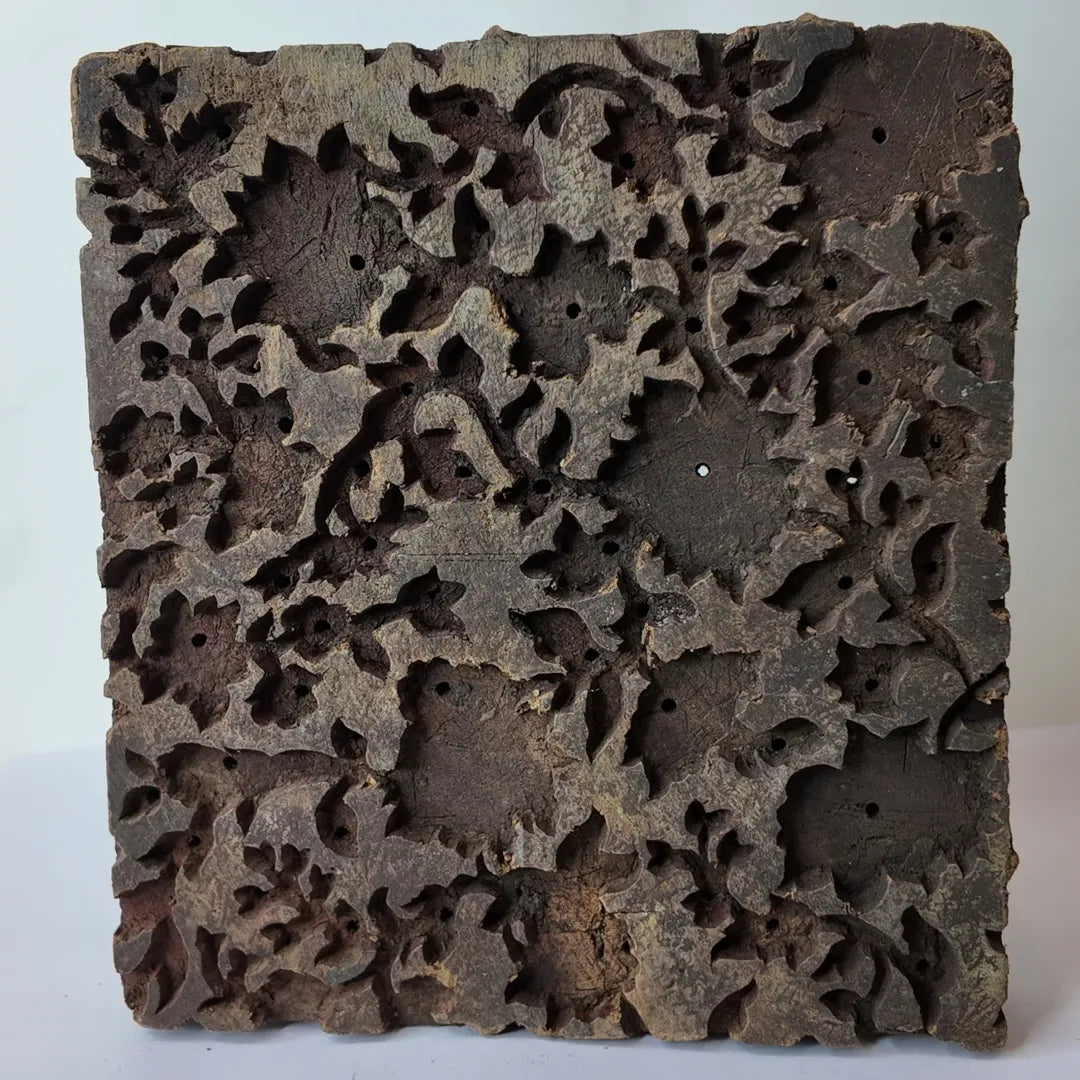 Vintage Hand-Carved Wooden Printing Block – Openwork Floral Vine Panel