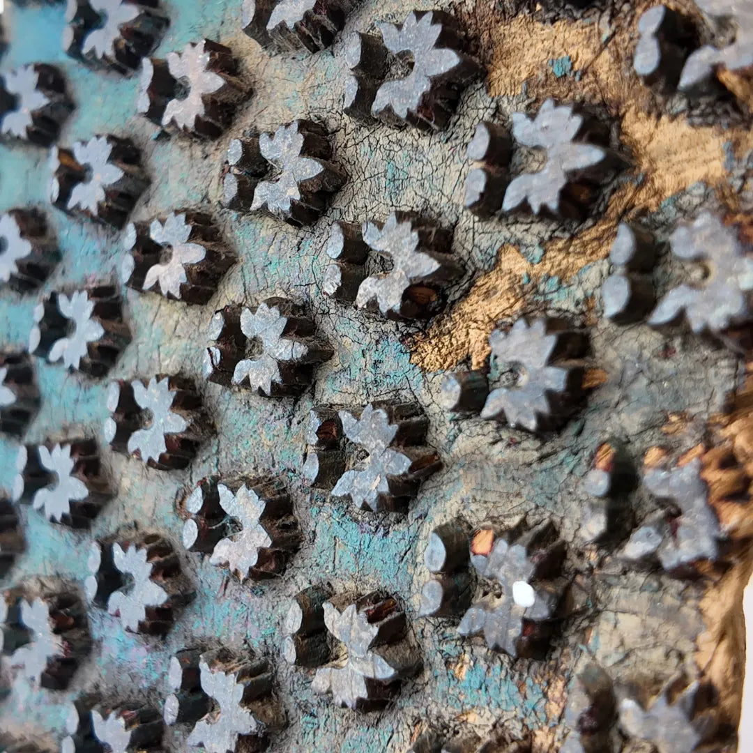 Vintage Hand-Carved Wooden Printing Block – Teal Star Bud Grid