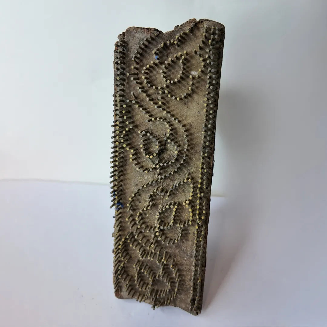 Vintage Indian Brass-Pin Wooden Printing Block – Nailhead Paisley Vine Border