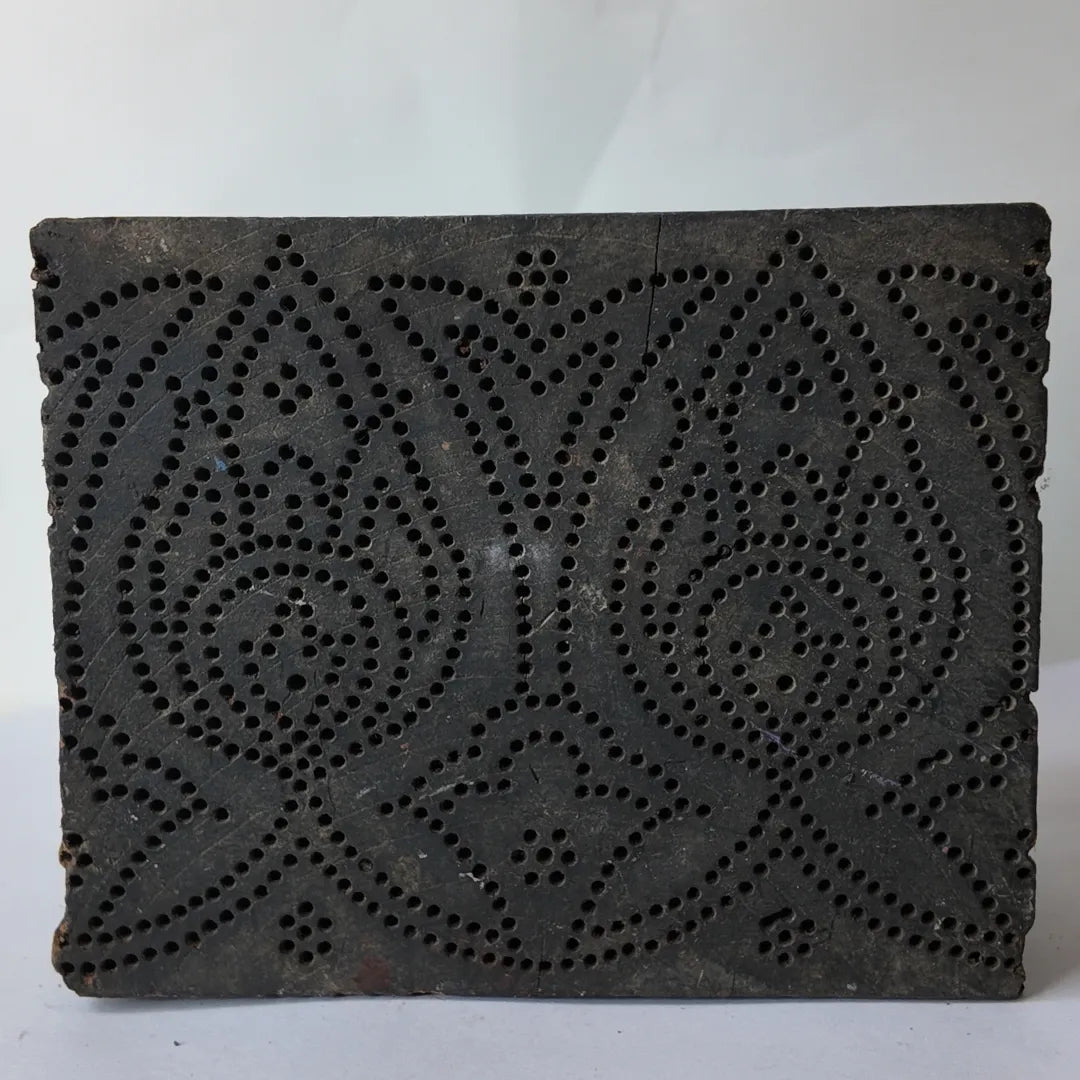 Vintage Hand-Carved Wooden Printing Block – Pinhole Rose Medallion