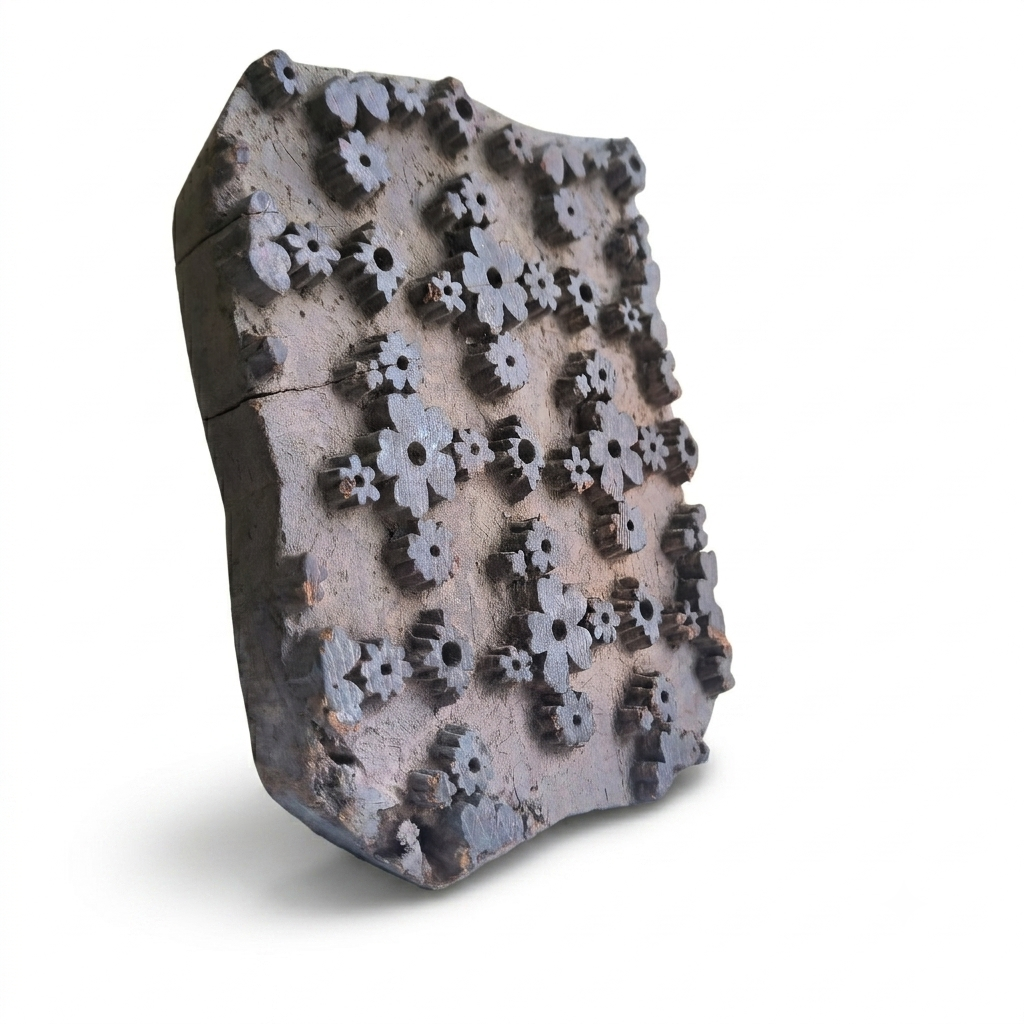 Vintage Hand-Carved Wooden Printing Block – Flower Cross Cluster