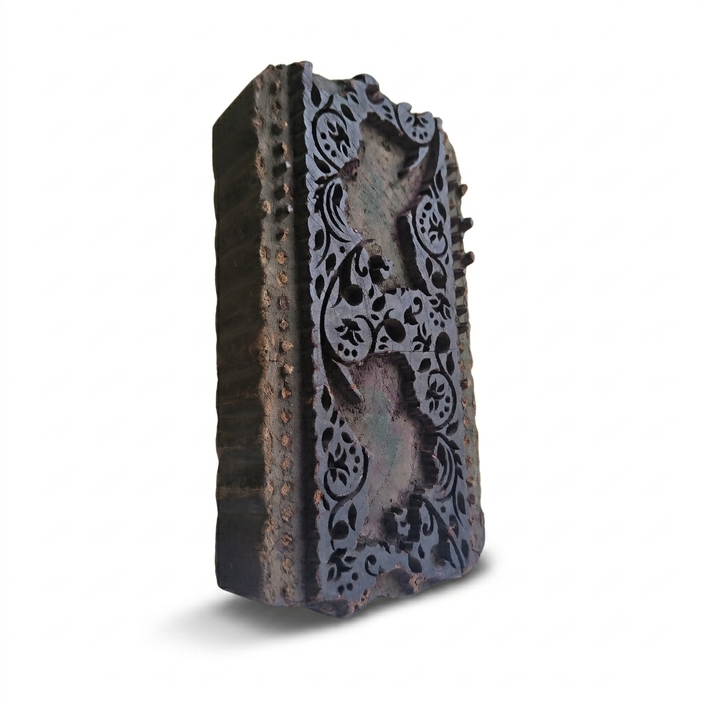 Vintage Hand-Carved Wooden Printing Block – Ornate Paisley Scroll Panel
