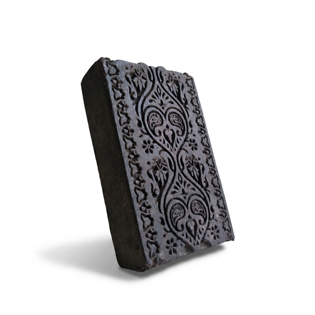 Vintage Hand-Carved Wooden Printing Block – Paisley Medallion Design