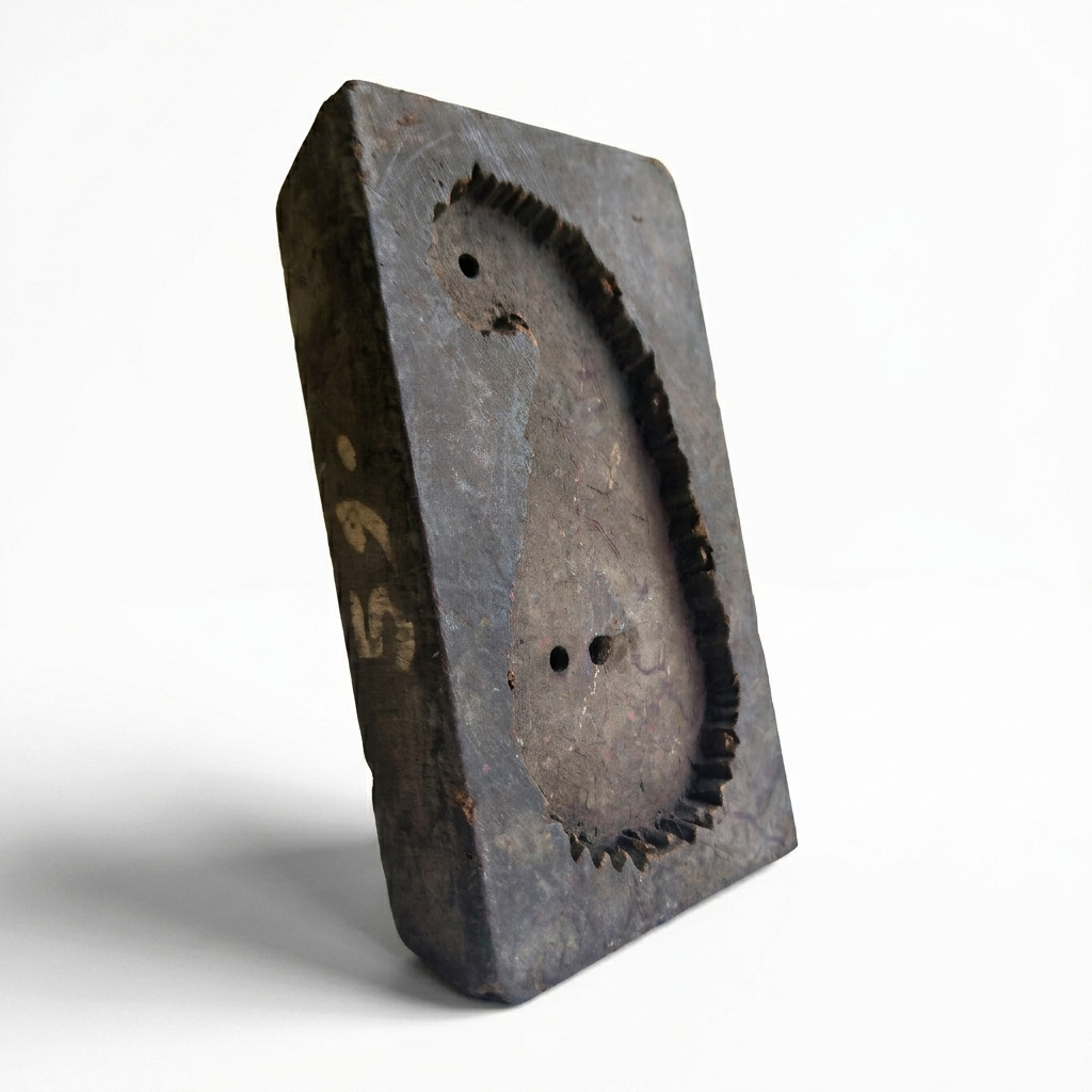 Vintage Hand-Carved Wooden Printing Block – Paisley Outline Design