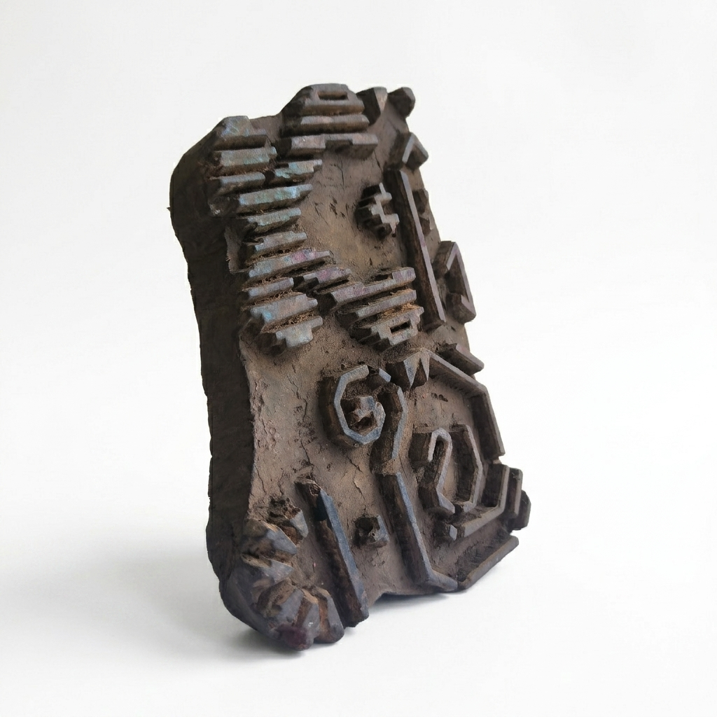Vintage Hand-Carved Wooden Printing Block – Stepped Abstract Design