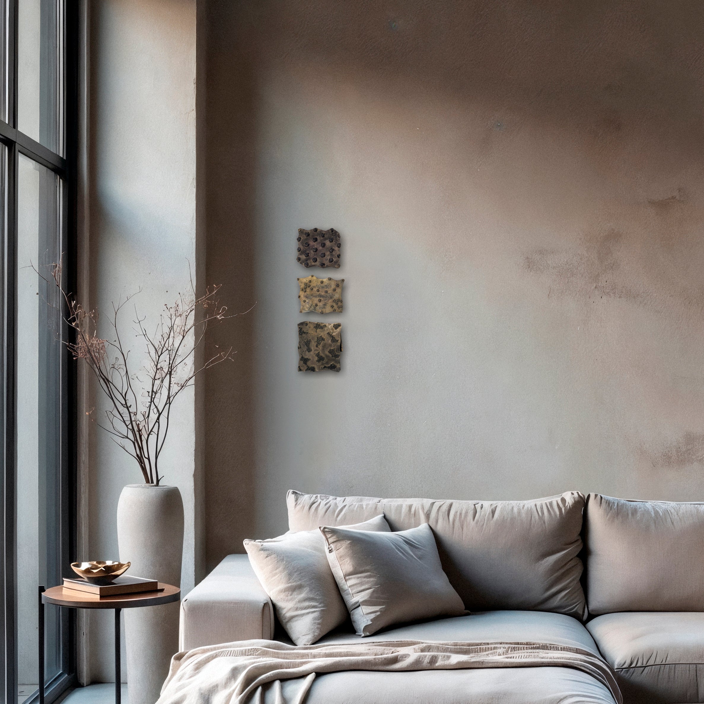 Antique Indian wooden printing blocks set of 3 displayed as wall décor