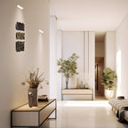 Hand-carved wooden printing blocks mounted on wall in modern home