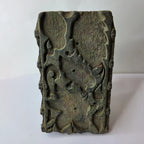 Vintage hand-carved wooden printing block with abstract open floral carving design

