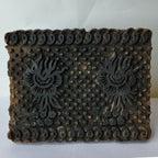 Vintage hand-carved wooden printing block with twin flame medallion paisley border design
