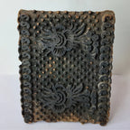Vintage hand-carved wooden printing block with twin rosette checkerboard panel design
