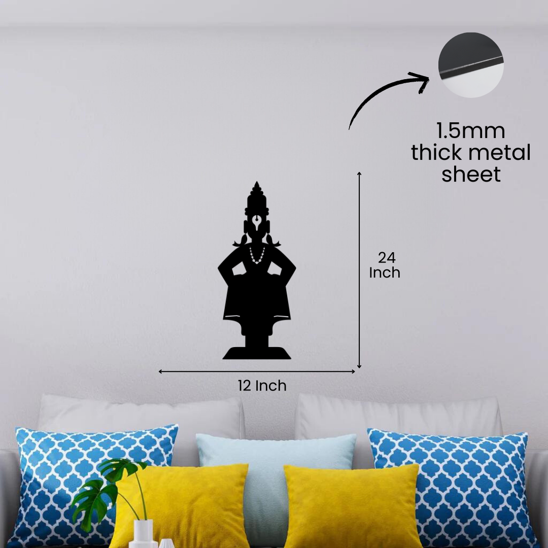Black metal wall art of Lord Vitthal, 12 inches wide and 24 inches tall, made from a 1.5 mm thick metal sheet