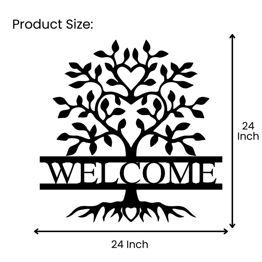Welcome tree welcome sign metal wall art size chart 24x24 inch