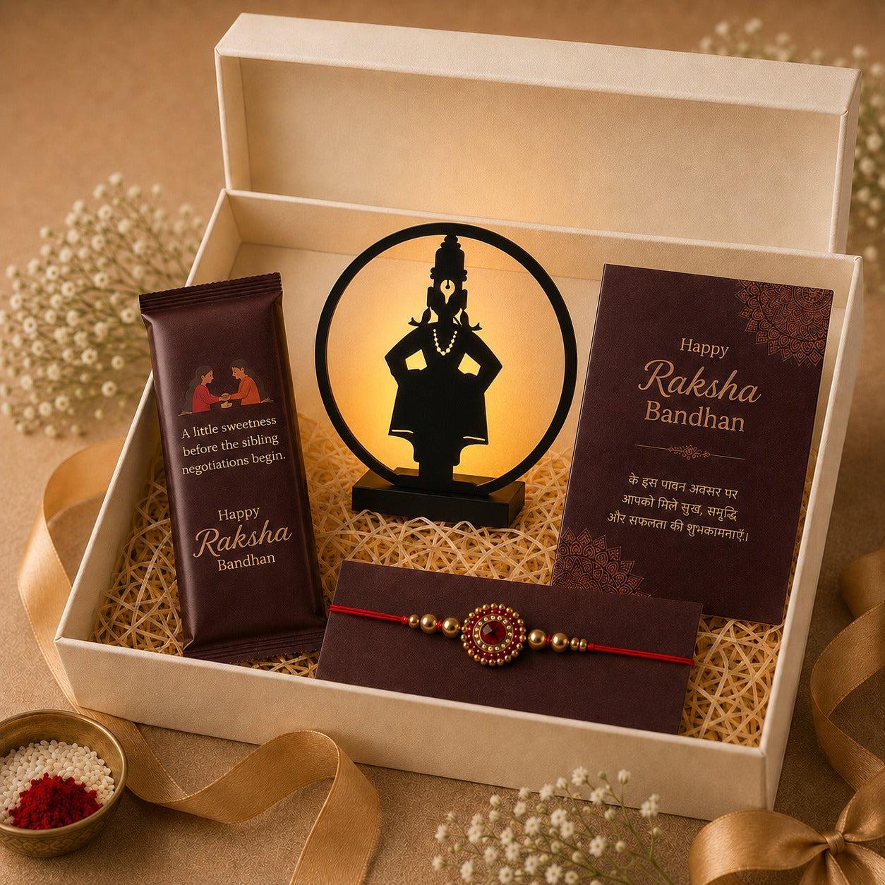 Raksha Bandhan Gift Hamper for Brother/Sister – Lord Vitthal LED Tabletop Décor, Rakhi, Greeting Card & Cadbury Chocolate Bar