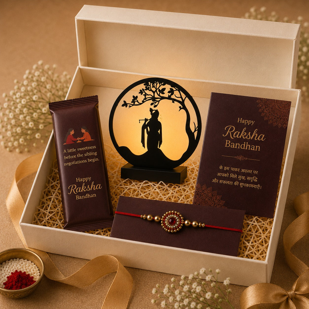 Raksha Bandhan Gift Hamper for Brother/Sister – Lord Krishna LED Tabletop Décor, Rakhi, Greeting Card & Cadbury Chocolate Bar