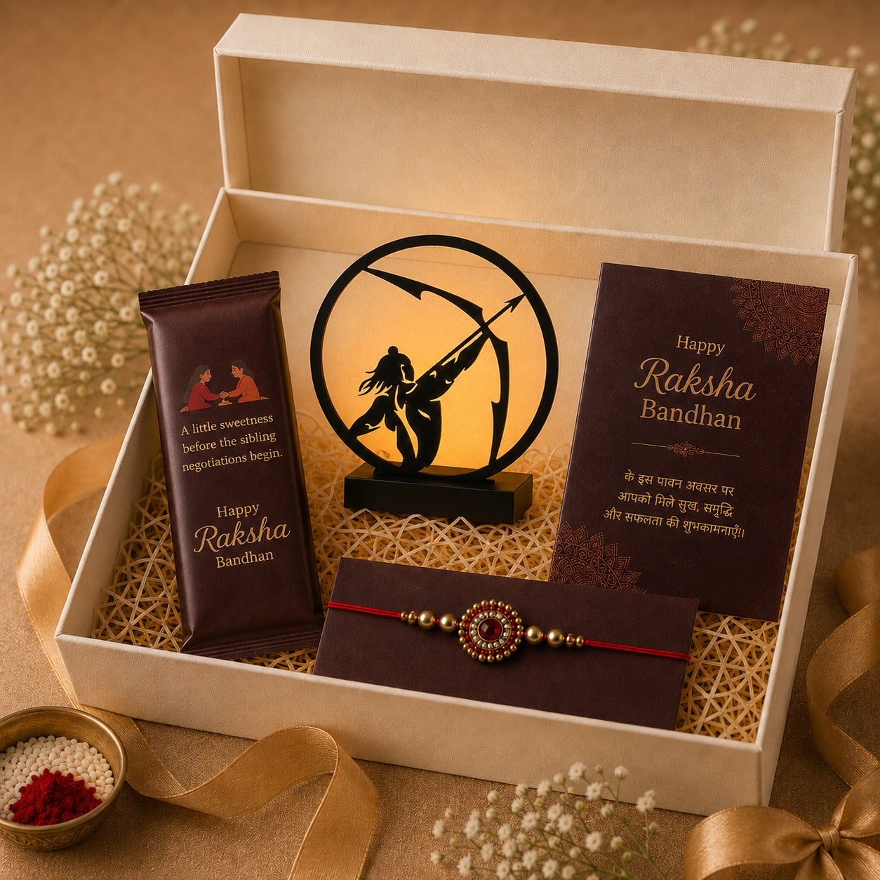 Raksha Bandhan Gift Hamper for Brother/Sister – Lord Ram LED Tabletop Décor, Rakhi, Greeting Card & Cadbury Chocolate Bar