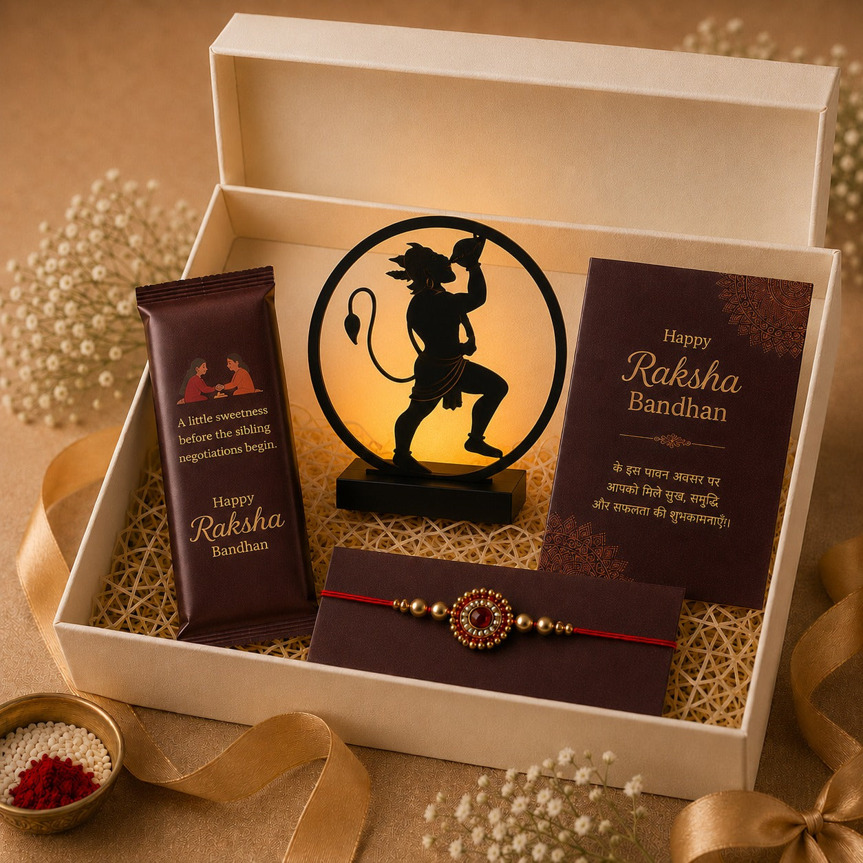 Raksha Bandhan Gift Hamper for Brother/Sister – Lord Hanuman LED Tabletop Décor, Rakhi, Greeting Card & Cadbury Chocolate Bar