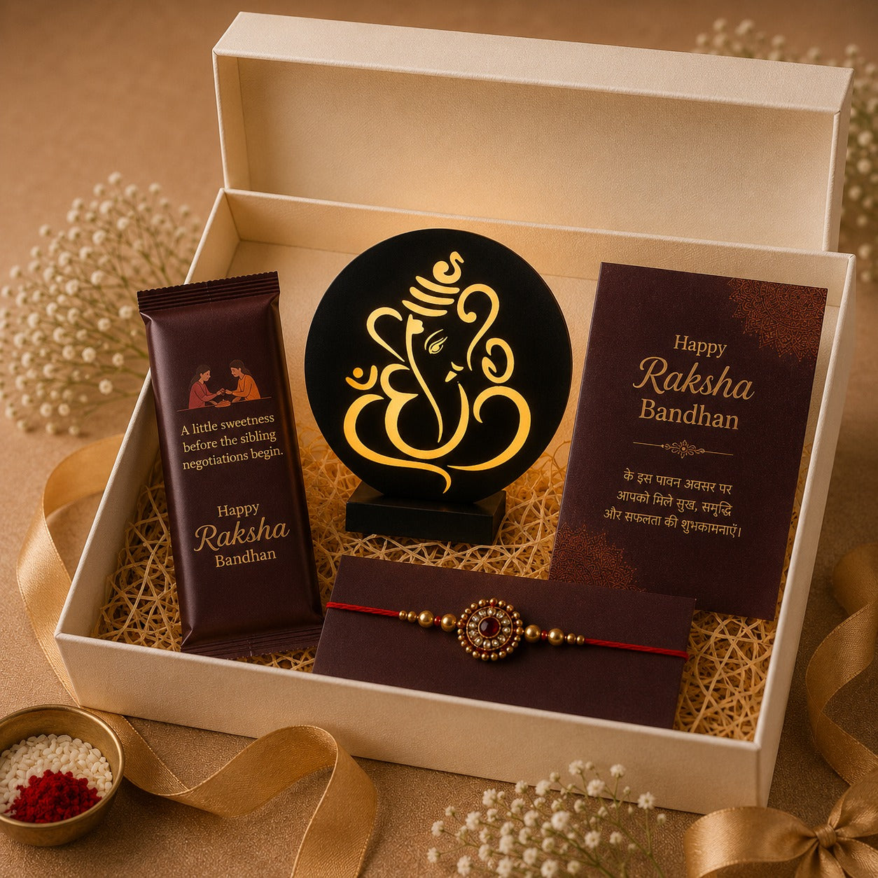 Raksha Bandhan Gift Hamper for Brother/Sister – Lord Ganesha LED Tabletop Décor, Rakhi, Greeting Card & Cadbury Chocolate Bar