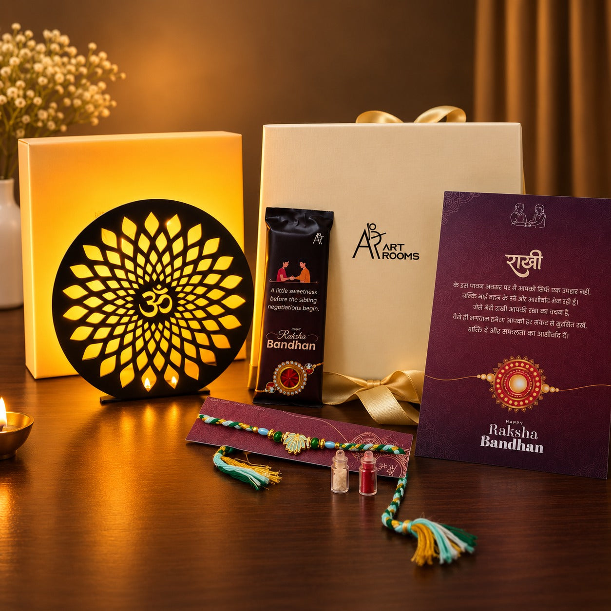 Raksha Bandhan Gift Hamper for Brother/Sister – Om Mandala LED Tabletop Décor, Rakhi Set with Roli Chawal, Greeting Card & Chocolate Bar