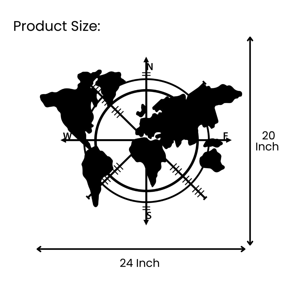 World map compass metal wall art size guide showing 24 inch width by 20 inch height