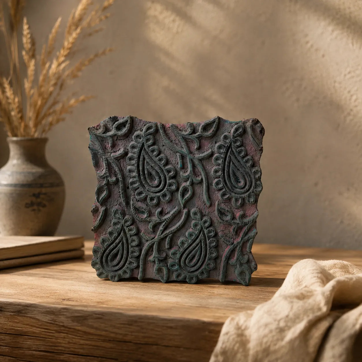 Vintage Hand-Carved Wooden Printing Block – Scalloped Paisley Grid