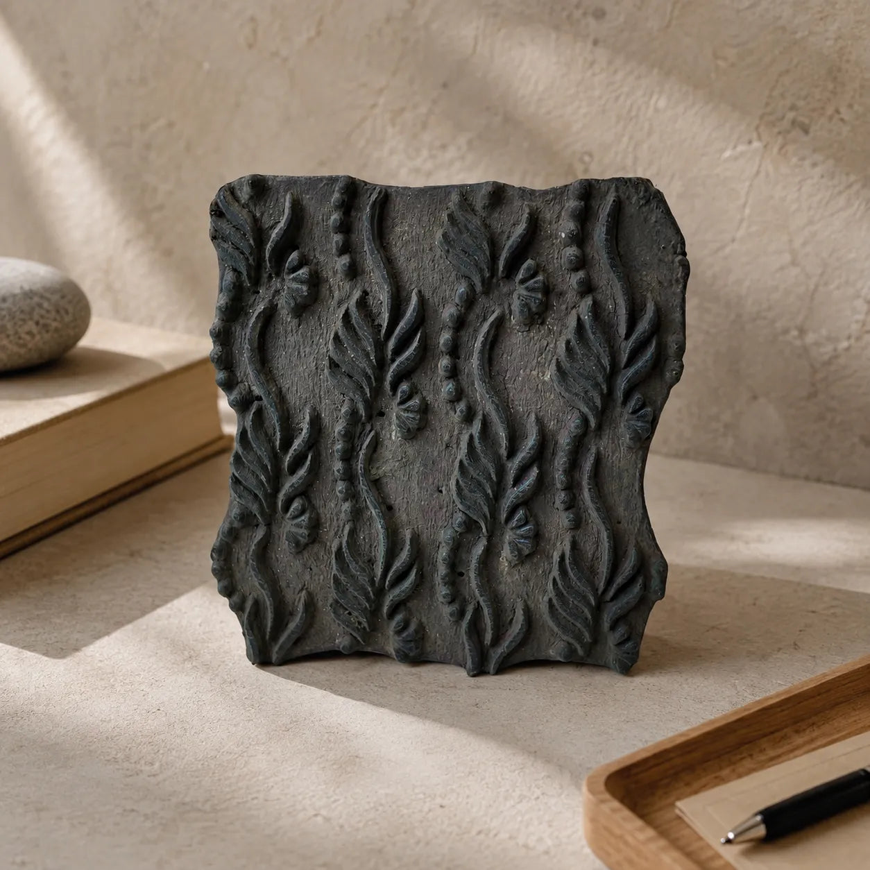 Vintage Hand-Carved Wooden Printing Block – Flame Leaf Vine