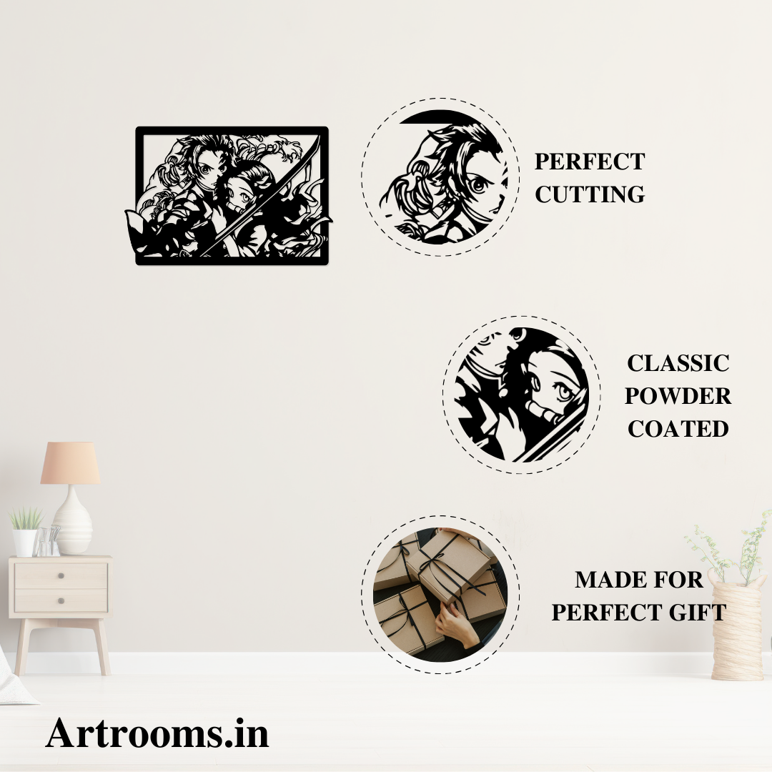 Close-up of Tanjiro & Nezuko anime metal wall art showing laser cut details, black powder coat finish, and gift-ready packaging.